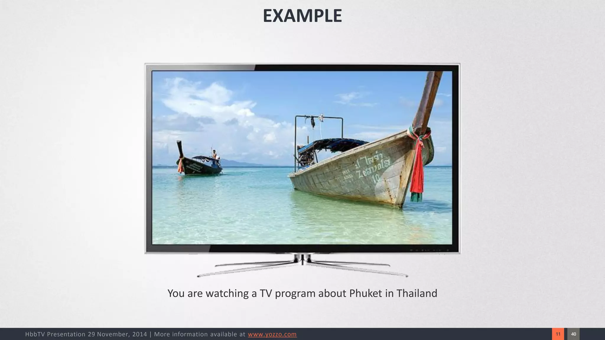 40 
11 
HbbTV Presentation 29 November, 2014 | More information available at www.yozzo.com 
EXAMPLE 
You are watching a TV program about Phuket in Thailand  