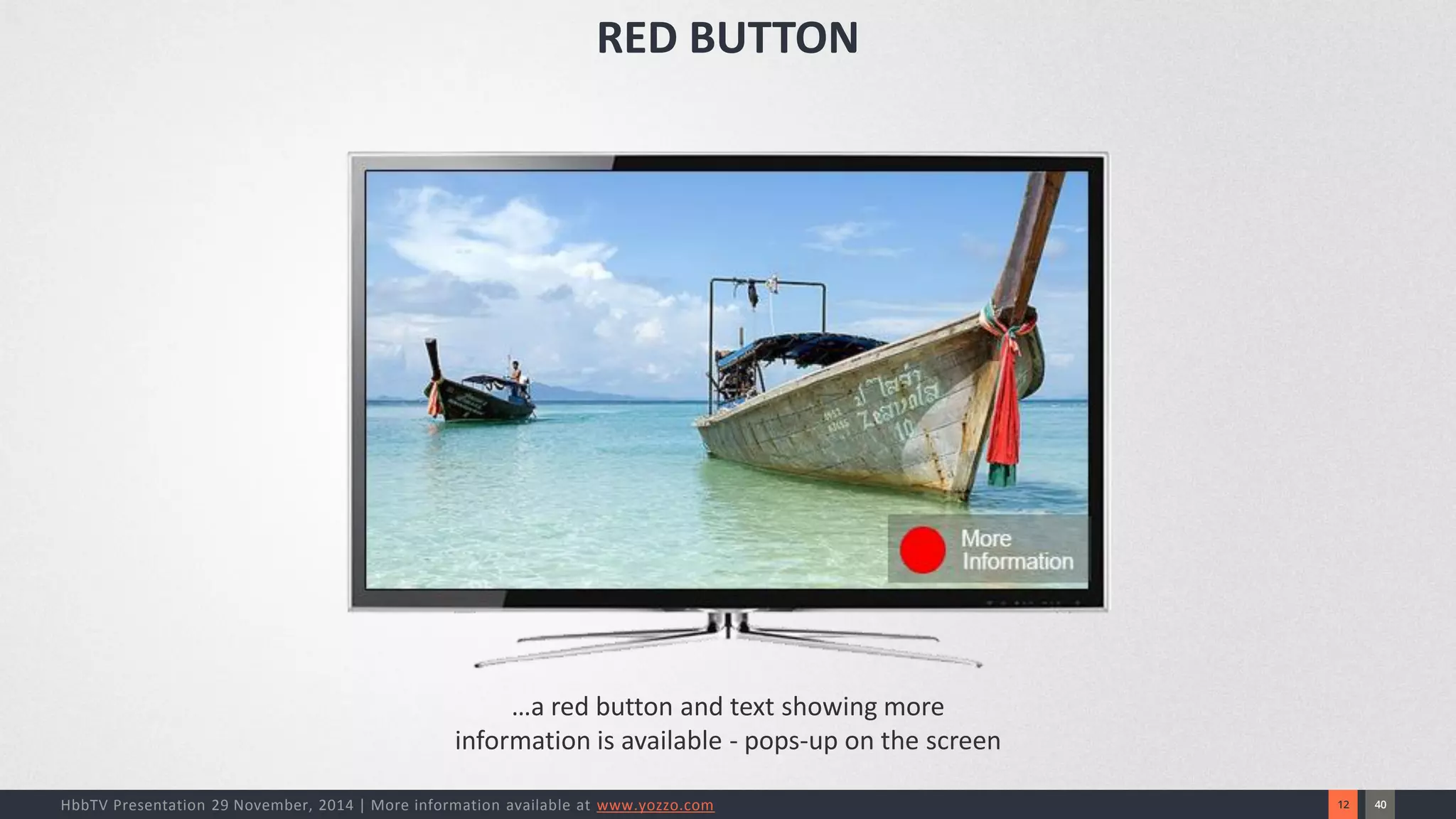 40 
12 
HbbTV Presentation 29 November, 2014 | More information available at www.yozzo.com 
RED BUTTON 
…a red button and text showing more information is available -pops-up on the screen  