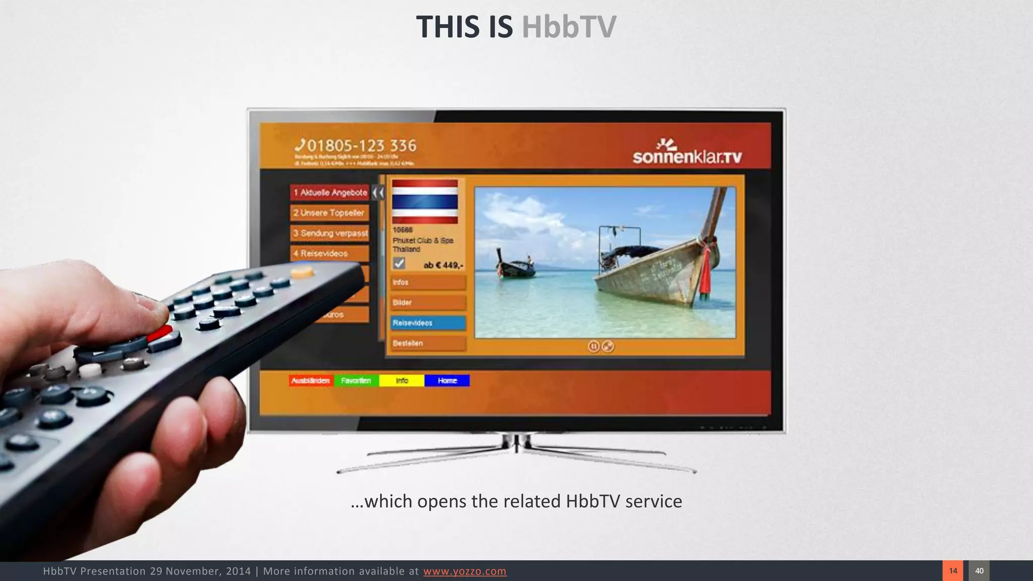 40 
14 
HbbTV Presentation 29 November, 2014 | More information available at www.yozzo.com 
THIS IS HbbTV 
…which opens the related HbbTV service  