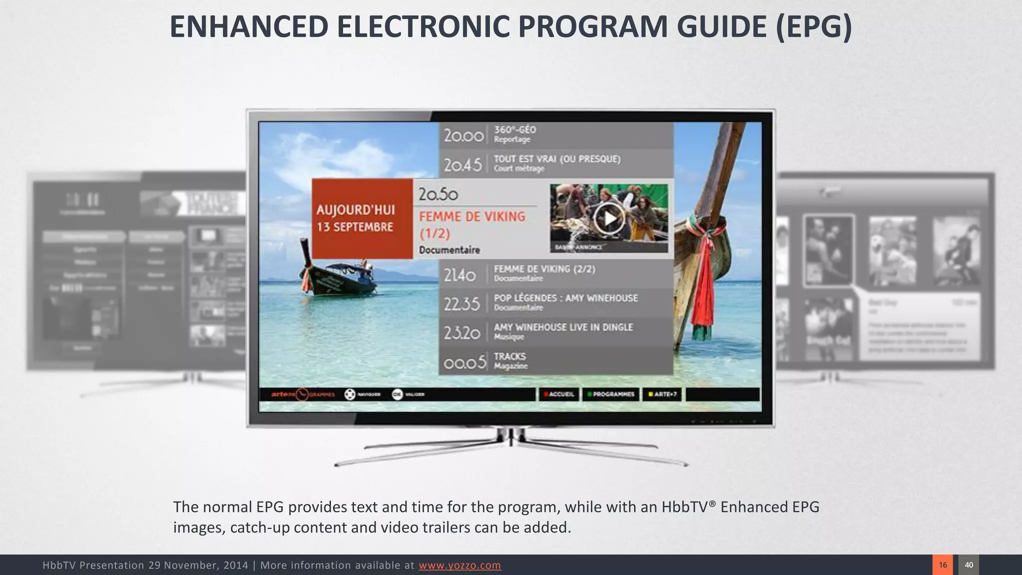 40 
16 
HbbTV Presentation 29 November, 2014 | More information available at www.yozzo.com 
The normal EPG provides text and time for the program, while with an HbbTV® Enhanced EPG images, catch-up content and video trailers can be added. 
ENHANCED ELECTRONIC PROGRAM GUIDE (EPG)  