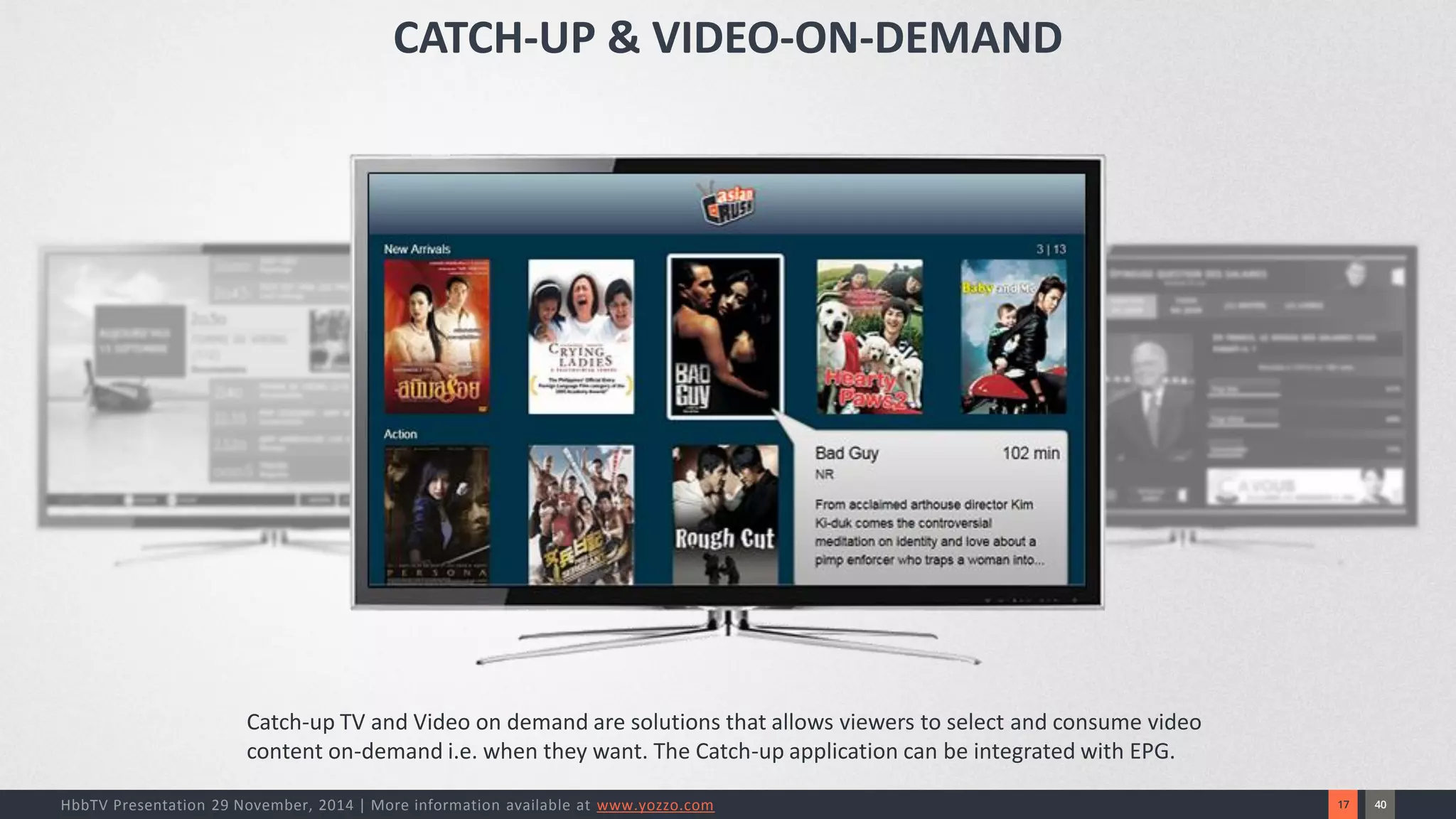 40 
17 
HbbTV Presentation 29 November, 2014 | More information available at www.yozzo.com 
Catch-up TV and Video on demand are solutions that allows viewers to select and consume video content on-demand i.e. when they want. The Catch-up application can be integrated with EPG. 
CATCH-UP & VIDEO-ON-DEMAND  