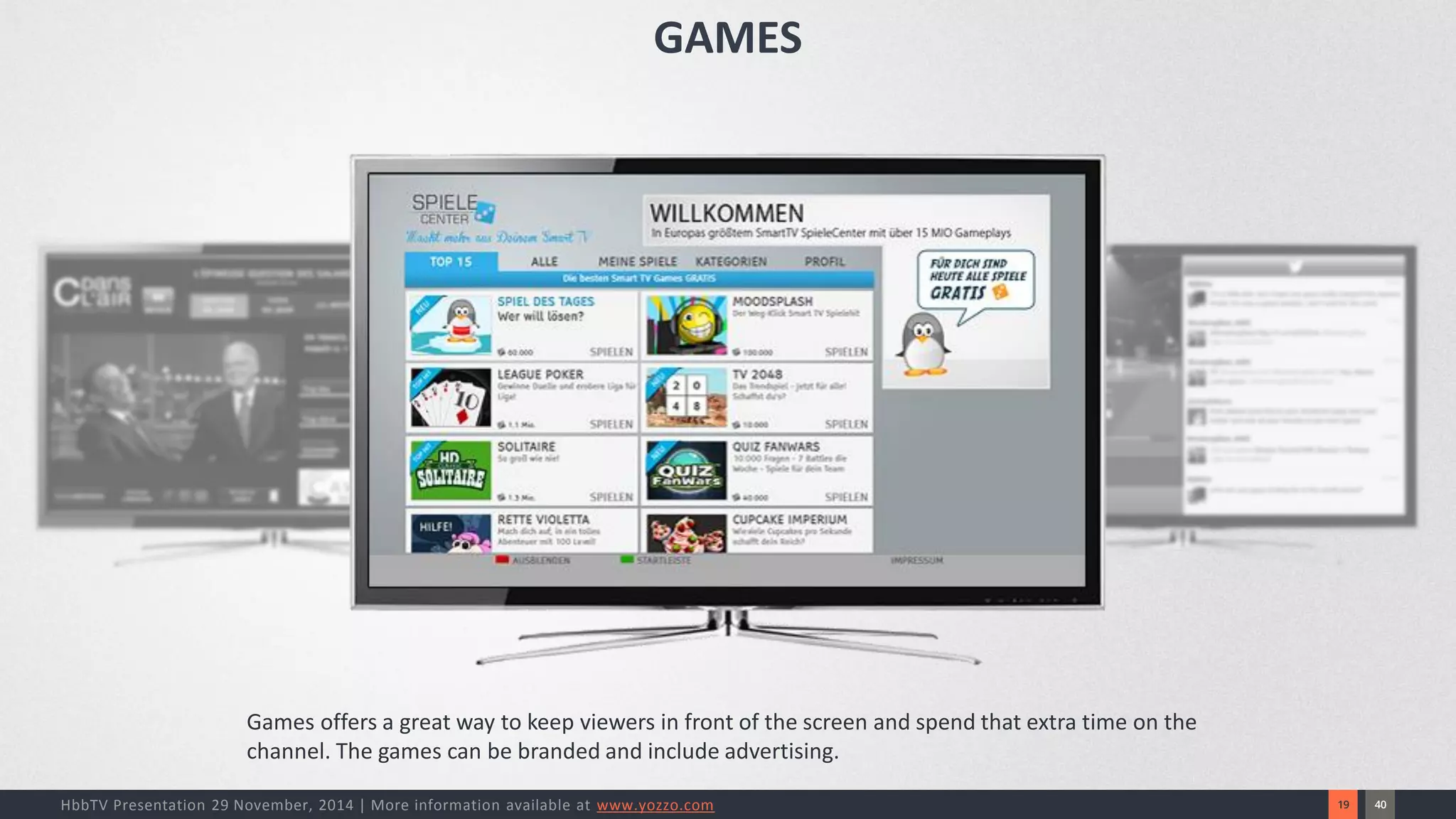 40 
19 
HbbTV Presentation 29 November, 2014 | More information available at www.yozzo.com 
Games offers a great way to keep viewers in front of the screen and spend that extra time on the channel. The games can be branded and include advertising. 
GAMES  