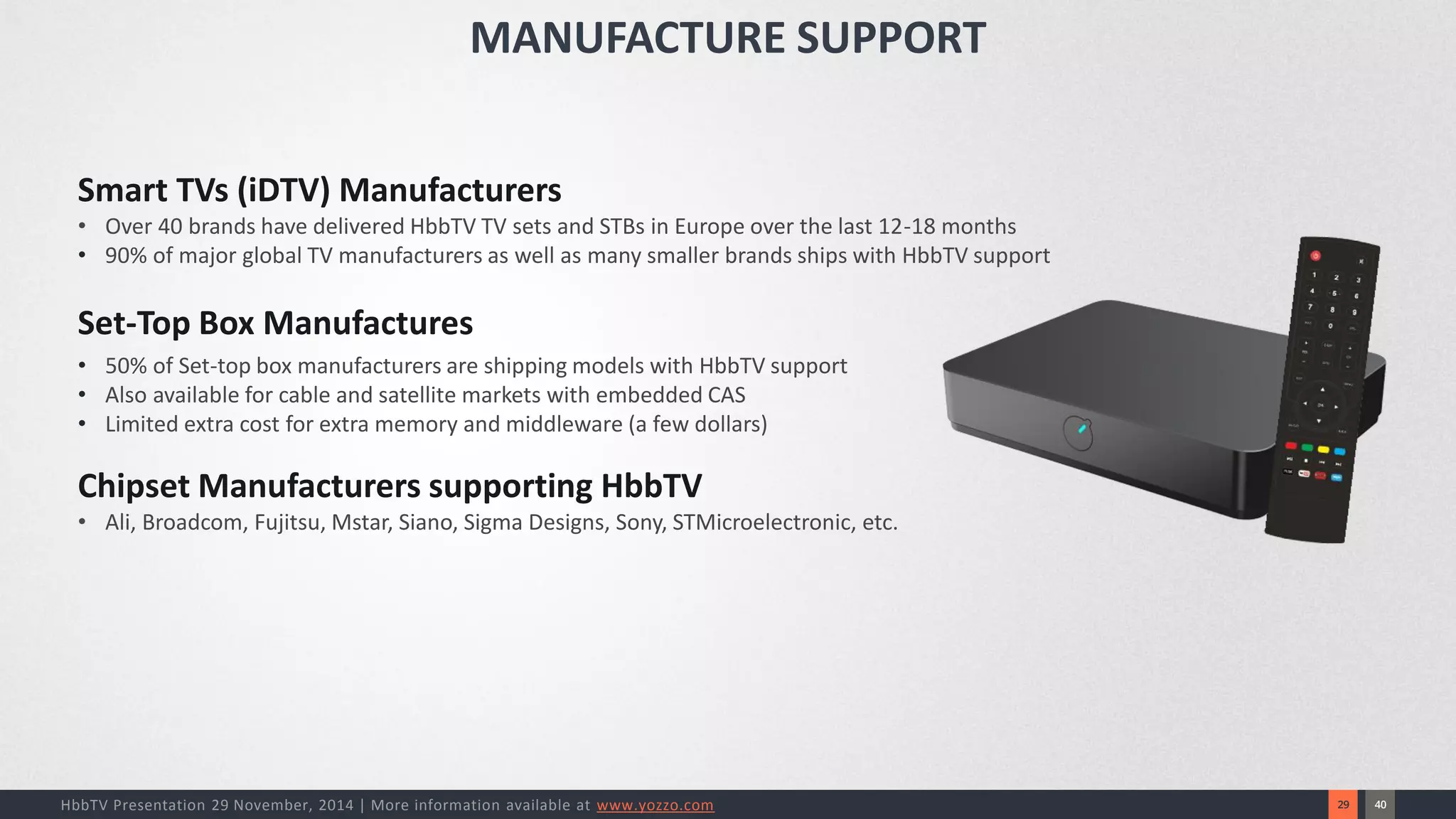 40 
29 
HbbTV Presentation 29 November, 2014 | More information available at www.yozzo.com 
Smart TVs (iDTV) Manufacturers 
•Over 40 brands have delivered HbbTV TV sets and STBs in Europe over the last 12-18 months 
•90% of major global TV manufacturers as well as many smaller brands ships with HbbTV support 
Set-Top Box Manufactures 
•50% of Set-top box manufacturers are shipping models with HbbTV support 
•Also available for cable and satellite markets with embedded CAS 
•Limited extra cost for extra memory and middleware (a few dollars) 
Chipset Manufacturers supporting HbbTV 
•Ali, Broadcom, Fujitsu, Mstar, Siano, Sigma Designs, Sony, STMicroelectronic, etc. 
MANUFACTURE SUPPORT  