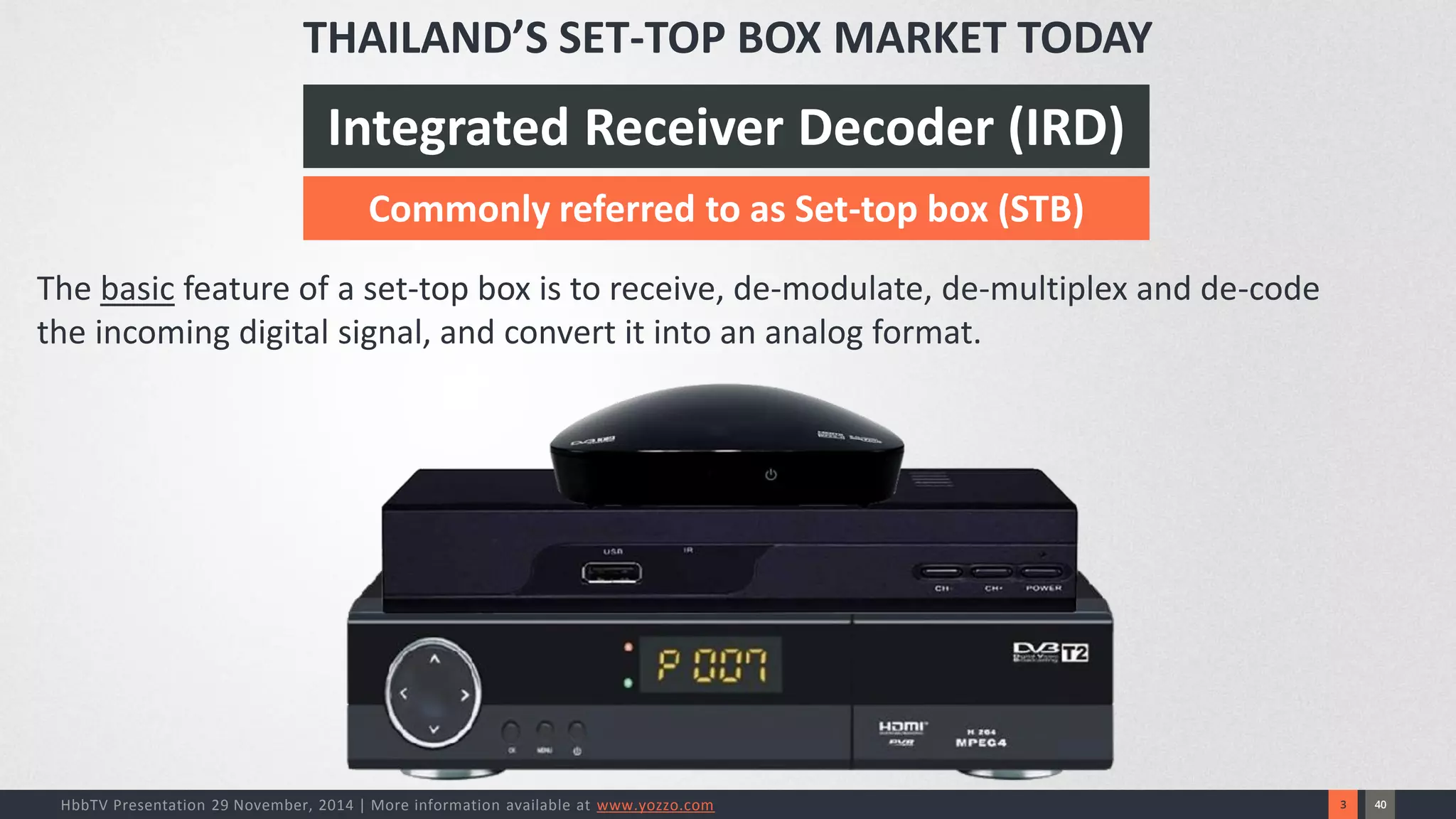 40 
3 
HbbTV Presentation 29 November, 2014 | More information available at www.yozzo.com 
The basicfeature of a set-top box is to receive, de-modulate, de-multiplex and de-codethe incoming digital signal, and convert it into an analog format. 
Integrated Receiver Decoder (IRD) 
Commonly referred to as Set-top box (STB) 
THAILAND’S SET-TOP BOX MARKET TODAY  