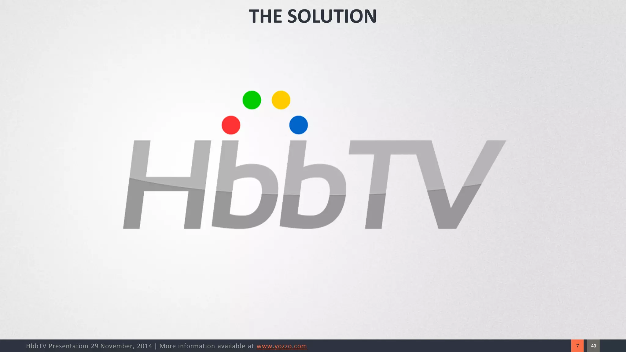 40 
7 
HbbTV Presentation 29 November, 2014 | More information available at www.yozzo.com 
THE SOLUTION  