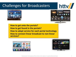 Challenges for Broadcasters

How to get onto the portals?
How to get found in the portals?
How to adapt service for each portal technology
How to connect linear broadcast to non-linear
services?

This document is the property of httv and may not be copied or circulated without permission

7

 