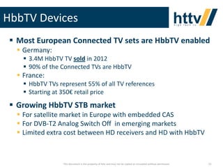 HbbTV Devices
 Most European Connected TV sets are HbbTV enabled
 Germany:
 3.4M HbbTV TV sold in 2012
 90% of the Connected TVs are HbbTV

 France:
 HbbTV TVs represent 55% of all TV references
 Starting at 350€ retail price

 Growing HbbTV STB market
 For satellite market in Europe with embedded CAS
 For DVB-T2 Analog Switch Off in emerging markets
 Limited extra cost between HD receivers and HD with HbbTV

This document is the property of httv and may not be copied or circulated without permission

23

 