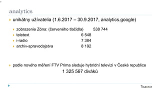 analytics
 unikátny užívatelia (1.6.2017 – 30.9.2017, analytics.google)
 zobrazenie Zóna: (červeného tlačidla) 538 744
 teletext 6 548
 i-radio 7 384
 archiv-spravodajstva 8 192
 podle nového měření FTV Prima sleduje hybridní televizi v České republice
1 325 567 diváků
 