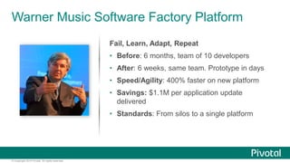 Warner Music Software Factory Platform 
© Copyright 2014 Pivotal. All rights reserved. 
Fail, Learn, Adapt, Repeat 
• Befo...