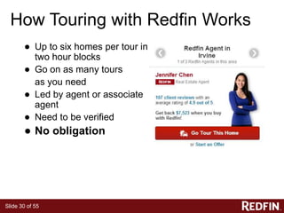 Slide 30 of 55
How Touring with Redfin Works
● Up to six homes per tour in
two hour blocks
● Go on as many tours
as you need
● Led by agent or associate
agent
● Need to be verified
● No obligation
 