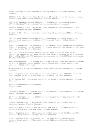 NTPWD - utility to reset windows nt/2000/xp administrator/user password. (Dos
Freeware)

NTPWEdit 0.3 - Password editor for Windows NT based systems to change or remove
passwords for local system accounts. (Windows Freeware)

Offline NT Password Changer 2011-05-11 - utility to reset/unlock windows
NT/2000/XP/Vista/7 administrator/user password. (Linux Freeware)

Password Renew 1.1 - Utility to set/reset windows NT/2000/XP/Vista/7 (32bit
only) passwords. (Windows Freeware)

ProduKey 1.53 - Recovers lost the product key of your Windows/Office. (Windows
Freeware)

PST (Outlook) Password Recovery 1.16 - PstPassword is a small utility that
recovers lost password of Outlook .PST (Personal Folders) file. (Windows
Freeware)

Router IP/Passwords - The complete list of Default Router Passwords and Default
Router IP Addresses, can be useful if you have misplaced the manual or lost your
router password. (Windows Freeware)

SniffPass 1.12 - A password monitoring tool that listens to your network,
capture the passwords that pass through your network adapter, it works on POP3,
IMAP4, SMTP, FTP, and HTTP protocols and recovers lost Web/FTP/Email passwords.
(Windows Freeware)

WebBrowserPassView 1.15 - Allows you to view the user names and passwords stored
by Mozilla Firefox, Opera, Safari, Google Chrome and Internet explorer Web
browsers. (Windows Freeware)

WindowsGate 1.1 - Enables/Disables Windows logon password validation. (Windows
Freeware)

WirelessKeyView 1.36 - Recovers all wireless network keys (WEP/WPA) stored in
your computer by WZC Wireless Zero Configuration. (Windows Freeware)

XP Key Reader 2.7 - Can decode the XP-key on Local or Remote systems. (Windows
Freeware)

----------------------------------
Process Tools
----------------------------------

Dependency Walker 2.2 - Checks for missing/invalid DLL/modules/functions for any
exe/dll/ocx/sys. (Windows Freeware)

IB Process Manager 1.04 - a little process manager for 9x/2k, shows dll info
etc. (Windows Freeware)

OpenedFilesView 1.52 - View opened/locked files in your system, sharing
violation issues. (Windows Freeware)

Pocket KillBox 2.0.0.978 - can be used to get rid of files that stubbornly
refuse to allow you to delete them. (Windows Freeware)

Process Explorer 15.05 - Shows you information about which handles and DLLs
processes have opened or loaded. (Windows Freeware)

Process Monitor 2.96 - to monitor real-time file system, Registry and
process/thread activity, This tool replaces Filemon and Regmon. (Windows
Freeware)
 