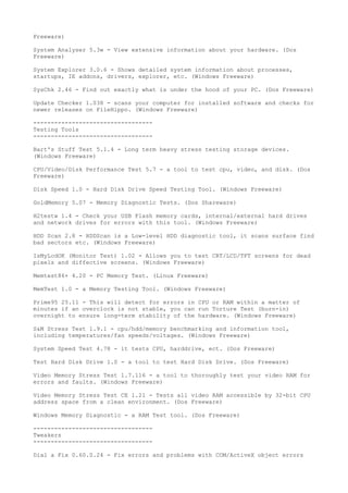 Freeware)

System Analyser 5.3w - View extensive information about your hardware. (Dos
Freeware)

System Explorer 3.0.6 - Shows detailed system information about processes,
startups, IE addons, drivers, explorer, etc. (Windows Freeware)

SysChk 2.46 - Find out exactly what is under the hood of your PC. (Dos Freeware)

Update Checker 1.038 - scans your computer for installed software and checks for
newer releases on FileHippo. (Windows Freeware)

----------------------------------
Testing Tools
----------------------------------

Bart's Stuff Test 5.1.4 - Long term heavy stress testing storage devices.
(Windows Freeware)

CPU/Video/Disk Performance Test 5.7 - a tool to test cpu, video, and disk. (Dos
Freeware)

Disk Speed 1.0 - Hard Disk Drive Speed Testing Tool. (Windows Freeware)

GoldMemory 5.07 - Memory Diagnostic Tests. (Dos Shareware)

H2testw 1.4 - Check your USB Flash memory cards, internal/external hard drives
and network drives for errors with this tool. (Windows Freeware)

HDD Scan 2.8 - HDDScan is a Low-level HDD diagnostic tool, it scans surface find
bad sectors etc. (Windows Freeware)

IsMyLcdOK (Monitor Test) 1.02 - Allows you to test CRT/LCD/TFT screens for dead
pixels and diffective screens. (Windows Freeware)

Memtest86+ 4.20 - PC Memory Test. (Linux Freeware)

MemTest 1.0 - a Memory Testing Tool. (Windows Freeware)

Prime95 25.11 - This will detect for errors in CPU or RAM within a matter of
minutes if an overclock is not stable, you can run Torture Test (burn-in)
overnight to ensure long-term stability of the hardware. (Windows Freeware)

S&M Stress Test 1.9.1 - cpu/hdd/memory benchmarking and information tool,
including temperatures/fan speeds/voltages. (Windows Freeware)

System Speed Test 4.78 - it tests CPU, harddrive, ect. (Dos Freeware)

Test Hard Disk Drive 1.0 - a tool to test Hard Disk Drive. (Dos Freeware)

Video Memory Stress Test 1.7.116 - a tool to thoroughly test your video RAM for
errors and faults. (Windows Freeware)

Video Memory Stress Test CE 1.21 - Tests all video RAM accessible by 32-bit CPU
address space from a clean environment. (Dos Freeware)

Windows Memory Diagnostic - a RAM Test tool. (Dos Freeware)

----------------------------------
Tweakers
----------------------------------

Dial a Fix 0.60.0.24 - Fix errors and problems with COM/ActiveX object errors
 