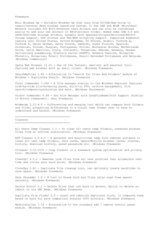 Freeware)

Mini Windows Xp - Portable Windows Xp that runs from CD/USB/Ram Drive to
repair/recover dead windows operating system. It has LAN and WLAN (Wireless)
Network includes 300 WiFi/Ethernet card drivers and can also be customized
easily to add your own drivers in HBCDDrivers folder. Added some USB 3.0 and
SATA/SCSI/SAS Storage drivers, Dynamic disk Spanned/Striped/Mirrored/RAID-5
Volume support, PDF Printer and VBS/WSH scripting support. Supported keyboard
layouts are: United States, United Kingdom, US Dvorak, Arabic, Turkish Q,
Turkish F, Swiss German, Swiss French, Swedish, Suomi Finnish, Spanish,
Slovenian, Slovak, Russian, Portuguese, Polish, Norvegian Norske, Netherlands
Dutch, Latin American, Italy, Icelandic, Hungarian, Hebrew, Germany, German
Switzerland Luxembourg, Francais Cavier AZERTY, Denmark Daenish, Bulgarian
Phonetic, Bulgarian, Brazil Portuguese, Brazil Extended Portuguese and Belgium.
(Windows Commercial)

Opera Web Browser 11.01 - One of the fastest, smallest and smartest full-
featured web browser with an email client. (Windows Freeware)

SearchMyFiles 1.80 - Alternative to 'Search For Files And Folders' module of
Windows + Duplicates Search. (Windows Freeware)

Total Commander 7.56a - A file manager similar to the Windows Explorer features
side-by-side file-browsing panes, built-in FTP, archive management, file
search/compare/synchronize and more. (Windows Shareware)

Volkov Commander 4.99 - Dos File Manager with LongFileName/ntfs support (Similar
to Norton Commander). (Dos Freeware)

WinMerge 2.12.4.0 - Differencing and merging tool which can compare both folders
and files, presenting differences in a visual text format that is easy to
understand and handle. (Windows Freeware)

----------------------------------
Cleaners
----------------------------------

All Users Temp Cleaner 1.1 - To clean all users temp folders, unwanted windows
files from an offline installation. (Windows Freeware)

ATF Cleaner 3.0.0.2 - A personal and easy-to-use temp file removal software to
clean all user temp folders, Java cache, Opera/Mozilla browser cache, cookies,
history, download history, saved passwords etc. (Windows Freeware)

CCleaner 3.12.1572 - Crap Cleaner is a freeware system optimization and privacy
tool. (Windows Freeware)

CleanUp! 4.5.2 - Removes junk files from all user profiles that accumulate over
time and litter your hard drive. (Windows Freeware)

CloneSpy 2.62 - Duplicate file cleanup tool, can optionaly create hardlinks to
save space. (Windows Freeware)

Data Shredder 1.0 - A tool to Erase disk and files (also wipe free space)
securely. (Windows Freeware)

Delete Doctor 2.2 - Delete Files that are hard to delete, Option to delete on
reboot or via UNC Name. (Windows Freeware)

Duplicate File Finder 3.5 - Scans and identify duplicate files, it compares them
based on byte for byte comparison ensures 100% accuracy. (Windows Freeware)

MyUninstaller 1.74 - Alternative to the standard add / remove control panel
module. (Windows Freeware)
 
