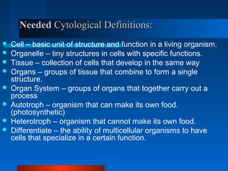 NNeeeeddeedd CCyyttoollooggiiccaall DDeeffiinniittiioonnss:: 
 Cell – basic unit of structure and function in a living organism. 
 Organelle – tiny structures in cells with specific functions. 
 Tissue – collection of cells that develop in the same way 
 Organs – groups of tissue that combine to form a single 
structure. 
 Organ System – groups of organs that together carry out a 
process 
 Autotroph – organism that can make its own food. 
(photosynthetic) 
 Heterotroph – organism that cannot make its own food. 
 Differentiate – the ability of multicellular organisms to have 
cells that specialize in a certain function. 
 