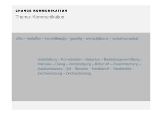 C H A N G E K O M M U N I K AT I O N
Thema: Kommunikation
offen – weltoffen – kontaktfreudig – gesellig – wertschätzend – verbal/nonverbal
Unterhaltung – Konversation – Gespräch – Bedeutungsvermittlung –
Interview – Dialog – Verständigung – Botschaft – Zusammenhang –
Ausdrucksweise – Stil – Sprache – Handschrift – Verständnis –
Zeichensetzung – Zeichendeutung
 