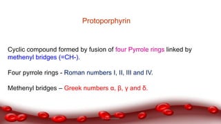 Cyclic compound formed by fusion of four Pyrrole rings linked by
methenyl bridges (=CH-).
Four pyrrole rings - Roman numbers I, II, III and IV.
Methenyl bridges – Greek numbers α, β, γ and δ.
Protoporphyrin
Dr.N.Sivaranjani
 