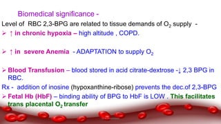 Biomedical significance -
Level of RBC 2,3-BPG are related to tissue demands of O2 supply -
 ↑ in chronic hypoxia – high altitude , COPD.
 ↑ in severe Anemia - ADAPTATION to supply O2
 Blood Transfusion – blood stored in acid citrate-dextrose -↓ 2,3 BPG in
RBC.
Rx - addition of inosine (hypoxanthine-ribose) prevents the dec.of 2,3-BPG
 Fetal Hb (HbF) – binding ability of BPG to HbF is LOW . This facilitates
trans placental O2 transfer
Dr.N.Sivaranjani
 