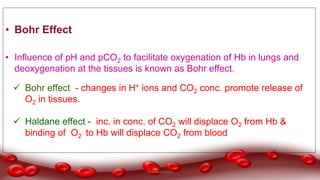 • Bohr Effect
• Influence of pH and pCO2 to facilitate oxygenation of Hb in lungs and
deoxygenation at the tissues is known as Bohr effect.
 Bohr effect - changes in H+ ions and CO2 conc. promote release of
O2 in tissues.
 Haldane effect - inc. in conc. of CO2 will displace O2 from Hb &
binding of O2 to Hb will displace CO2 from blood
Dr.N.Sivaranjani
 