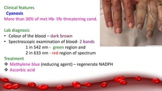 Clinical features
Cyanosis
More than 30% of met Hb- life threatening cond.
Lab diagnosis
• Colour of the blood – dark brown
• Spectroscopic examination of blood- 2 bands
1 in 542 nm - green region and
2 in 633 nm - red region of spectrum
Treatment
 Methylene blue (reducing agent) – regenerate NADPH
 Ascorbic acid
Dr.N.Sivaranjani
 