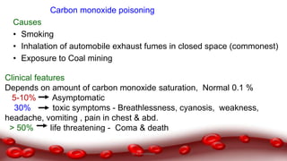 Carbon monoxide poisoning
Causes
• Smoking
• Inhalation of automobile exhaust fumes in closed space (commonest)
• Exposure to Coal mining
Clinical features
Depends on amount of carbon monoxide saturation, Normal 0.1 %
5-10% Asymptomatic
30% toxic symptoms - Breathlessness, cyanosis, weakness,
headache, vomiting , pain in chest & abd.
> 50% life threatening - Coma & death
Dr.N.Sivaranjani
 