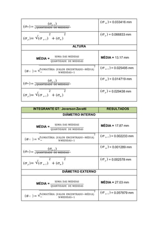 ( )=
(n1)
m
√QUANTIDADE DE MEDIDAS
( m ) = 0.033416 mm
2 2
( p )= √( n1) + (m )
( p ) = 0.066833 mm
ALTURA
SOMA DAS MEDIDAS
MÉDIA =
QUANTIDADE DE MEDIDAS
MÉDIA = 13.17 mm
2
( ) = √SOMATÓRIA (VALOR ENCONTRADO−MÉDIA)
n1
N MEDIDAS−1
( n1 ) = 0.025495 mm
( )=
(n1)
m
√QUANTIDADE DE MEDIDAS
( m ) = 0.014719 mm
2 2
( p )= √( n1) + (m )
( p ) = 0.029438 mm
INTEGRANTE GT: Jeverson Zavatti RESULTADOS
DIÂMETRO INTERNO
SOMA DAS MEDIDAS
MÉDIA =
QUANTIDADE DE MEDIDAS
MÉDIA = 17.87 mm
2
( ) = √SOMATÓRIA (VALOR ENCONTRADO−MÉDIA)
n1
N MEDIDAS−1
( n1 ) = 0.002233 mm
( )=
(n1)
m
√QUANTIDADE DE MEDIDAS
( m ) = 0.001289 mm
2 2
( p )= √( n1) + (m )
( p ) = 0.002578 mm
DIÂMETRO EXTERNO
SOMA DAS MEDIDAS
MÉDIA =
QUANTIDADE DE MEDIDAS
MÉDIA = 27.03 mm
2
( ) = √SOMATÓRIA (VALOR ENCONTRADO−MÉDIA)
n1
N MEDIDAS−1
( n1 ) = 0.057879 mm
 