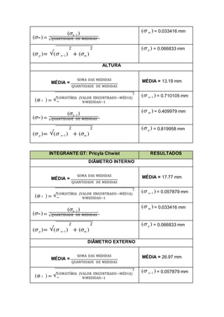 ( )=
(n1)
m
√QUANTIDADE DE MEDIDAS
( m ) = 0.033416 mm
2 2
( p )= √( n1) + (m )
( p ) = 0.066833 mm
ALTURA
SOMA DAS MEDIDAS
MÉDIA =
QUANTIDADE DE MEDIDAS
MÉDIA = 13.19 mm
2
( ) = √SOMATÓRIA (VALOR ENCONTRADO−MÉDIA)
n1
N MEDIDAS−1
( n1 ) = 0.710105 mm
( )=
(n1)
m
√QUANTIDADE DE MEDIDAS
( m ) = 0.409979 mm
2 2
( p )= √( n1) + (m )
( p ) = 0.819958 mm
INTEGRANTE GT: Pricyla Chwist RESULTADOS
DIÂMETRO INTERNO
SOMA DAS MEDIDAS
MÉDIA =
QUANTIDADE DE MEDIDAS
MÉDIA = 17.77 mm
2
( ) = √SOMATÓRIA (VALOR ENCONTRADO−MÉDIA)
n1
N MEDIDAS−1
( n1 ) = 0.057879 mm
( )=
(n1)
m
√QUANTIDADE DE MEDIDAS
( m ) = 0.033416 mm
2 2
( p )= √( n1) + (m )
( p ) = 0.066833 mm
DIÂMETRO EXTERNO
SOMA DAS MEDIDAS
MÉDIA =
QUANTIDADE DE MEDIDAS
MÉDIA = 26.97 mm
2
( ) = √SOMATÓRIA (VALOR ENCONTRADO−MÉDIA)
n1
N MEDIDAS−1
( n1 ) = 0.057879 mm
 