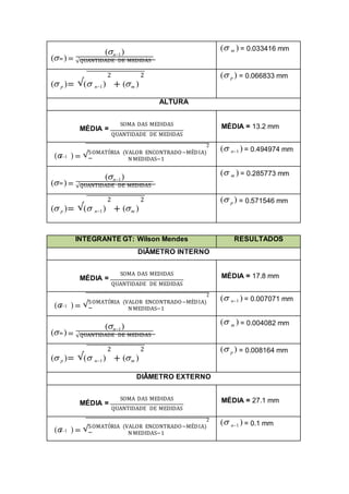( )=
(n1)
m
√QUANTIDADE DE MEDIDAS
( m ) = 0.033416 mm
2 2
( p )= √( n1) + (m )
( p ) = 0.066833 mm
ALTURA
SOMA DAS MEDIDAS
MÉDIA =
QUANTIDADE DE MEDIDAS
MÉDIA = 13.2 mm
2
( ) = √SOMATÓRIA (VALOR ENCONTRADO−MÉDIA)
n1
N MEDIDAS−1
( n1 ) = 0.494974 mm
( )=
(n1)
m
√QUANTIDADE DE MEDIDAS
( m ) = 0.285773 mm
2 2
( p )= √( n1) + (m )
( p ) = 0.571546 mm
INTEGRANTE GT: Wilson Mendes RESULTADOS
DIÂMETRO INTERNO
SOMA DAS MEDIDAS
MÉDIA =
QUANTIDADE DE MEDIDAS
MÉDIA = 17.8 mm
2
( ) = √SOMATÓRIA (VALOR ENCONTRADO−MÉDIA)
n1
N MEDIDAS−1
( n1 ) = 0.007071 mm
( )=
(n1)
m
√QUANTIDADE DE MEDIDAS
( m ) = 0.004082 mm
2 2
( p )= √( n1) + (m )
( p ) = 0.008164 mm
DIÂMETRO EXTERNO
SOMA DAS MEDIDAS
MÉDIA =
QUANTIDADE DE MEDIDAS
MÉDIA = 27.1 mm
2
( ) = √SOMATÓRIA (VALOR ENCONTRADO−MÉDIA)
n1
N MEDIDAS−1
( n1 ) = 0.1 mm
 