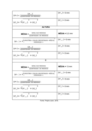 ( )=
(n1)
m
√QUANTIDADE DE MEDIDAS
( m ) = 0 mm
2 2
( p )= √( n1) + (m )
( p ) = 0 mm
ALTURA
SOMA DAS MEDIDAS
MÉDIA =
QUANTIDADE DE MEDIDAS
MÉDIA = 5.3 mm
2
( ) = √SOMATÓRIA (VALOR ENCONTRADO−MÉDIA)
n1
N MEDIDAS−1
( n1 ) = 0 mm
( )=
(n1)
m
√QUANTIDADE DE MEDIDAS
( m ) = 0 mm
2 2
( p )= √( n1) + (m )
( p ) = 0 mm
C
SOMA DAS MEDIDAS
MÉDIA =
QUANTIDADE DE MEDIDAS
MÉDIA = 13 mm
2
( ) = √SOMATÓRIA (VALOR ENCONTRADO−MÉDIA)
n1
N MEDIDAS−1
( n1 ) = 0 mm
( )=
(n1)
m
√QUANTIDADE DE MEDIDAS
( m ) = 0 mm
2 2
( p )= √( n1) + (m )
( p ) = 0 mm
2 2
( p )= √( n1) + (m )
( p ) = 0 mm
Fonte: Próprio autor, 2016.
 