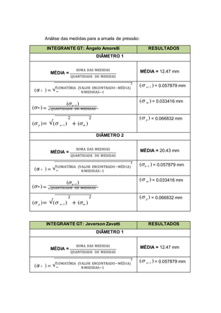 Análise das medidas para a arruela de pressão:
INTEGRANTE GT: Ângelo Amorelli RESULTADOS
DIÂMETRO 1
SOMA DAS MEDIDAS
MÉDIA =
QUANTIDADE DE MEDIDAS
MÉDIA = 12.47 mm
2
( ) = √SOMATÓRIA (VALOR ENCONTRADO−MÉDIA)
n1
N MEDIDAS−1
( n1 ) = 0.057879 mm
( )=
(n1)
m
√QUANTIDADE DE MEDIDAS
( m ) = 0.033416 mm
2 2
( p )= √( n1) + (m )
( p ) = 0.066832 mm
DIÂMETRO 2
SOMA DAS MEDIDAS
MÉDIA =
QUANTIDADE DE MEDIDAS
MÉDIA = 20.43 mm
2
( ) = √SOMATÓRIA (VALOR ENCONTRADO−MÉDIA)
n1
N MEDIDAS−1
(n1 ) = 0.057879 mm
( )=
(n1)
m
√QUANTIDADE DE MEDIDAS
( m ) = 0.033416 mm
2 2
( p )= √( n1) + (m )
( p ) = 0.066832 mm
INTEGRANTE GT: Jeverson Zavatti RESULTADOS
DIÂMETRO 1
SOMA DAS MEDIDAS
MÉDIA =
QUANTIDADE DE MEDIDAS
MÉDIA = 12.47 mm
2
( ) = √SOMATÓRIA (VALOR ENCONTRADO−MÉDIA)
n1
N MEDIDAS−1
( n1 ) = 0.057879 mm
 
