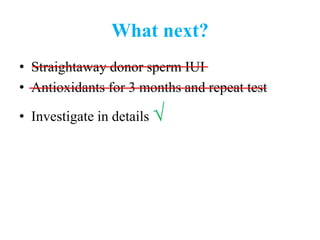 What next?
• Straightaway donor sperm IUI
• Antioxidants for 3 months and repeat test
• Investigate in details √
 