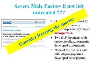 Severe Male Factor- if not left
untreated ???
• Overall, 16 (24.6%) of 65
patients with severe
oligozoospermia developed
azoospermia.
• Two (3.1%)patients with
moderate oligozoospermia
developed azoospermia
• None of the patients with
mild oligozoospermia
developed azoospermia.
 