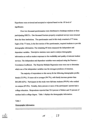 Hypotheses were reviewed and accepted or rejected based on the .05 level of
significance.
Over two thousand questionnaires were distributed to freshman students at three
participating HBCUs. One thousand fourteen properly completed surveys were returned
from the three institutions. The questionnaire used in this study consisted of 77 items.
Eight of the 77 items, in the first section of the questionnaire, required students to provide
demographic information. The remaining 69 items measured the independent and
dependent variables. Descriptive statistics were used to analyze demographic
information as well as student responses to the availability and quality of selected student
services. The independent and dependent variables were analyzed using the Pearson r
Correlation Coefficient. The Stepwise Multiple Regression tests were run to determine
which one of the independent variables was the strongest predictor of retention.
The majority of respondents to this survey fit the following demographic profile:
female (53.9%), 19 years old or younger (94.7%), with family incomes greater than
$45,000 (62%). Participants in this study were full-time students (99.0%) who resided
on-campus (87.0%). Notably, thirty percent or more ofthe participants' parents had a
college education. Respondents reported that 32.6 percent of fathers and 35 percent of
mothers held a college degree. Table 1 displays the demographic information.
Table 1
Demographic Information
/5 J.
 