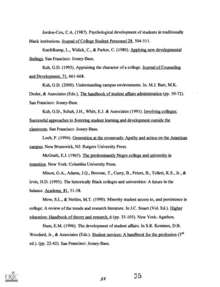 Jordon-Cox, C.A. (1987). Psychological development of students in traditionally
Black institutions. Journal of College Student Personnel 28, 504-511.
Knefelkamp, L., Widick, C., & Parker, C. (1980). Applying new developmental
findings. San Francisco: Jossey-Bass.
Kuh, G.D. (1993). Appraising the character of a college. Journal of Counseling
and Development, 71, 661-668.
Kuh, G.D. (2000). Understanding campus environments. In. M.J. Barr, M.K.
Desler, & Associates (Eds.), The handbook of student affairs administration (pp. 50-72).
San Francisco: Jossey-Bass.
Kuh, G.D., Schuh, J.H., Whitt, E.J. & Associates (1991). Involving colleges:
Successful approaches to fostering student learning and development outside the
classroom. San Francisco: Jossey-Bass.
Loeb, P. (1994). Generation at the crossroads: Apathy and action on the American
campus. New Brunswick, NJ: Rutgers University Press.
McGrath, E.J. (1965). The predominantly Negro college and university in
transition. New York: Columbia University Press.
Mixon, G.A., Adams, J.Q., Broome, T., Curry, B., Peters, B., Tollett, K.S., Jr., &
Irvin, H.D. (1995). The historically Black colleges and universities: A future in the
balance. Academe, 81, 51-58.
Mow, S.L., & Nettles, M.T. (1990). Minority student access to, and persistence in
college: A review of the trends and research literature. In J.C. Smart (Vol. Ed.). Higher
education: Handbook of theory and research, 6 (pp. 35-105). New York: Agathon.
Nuss, E.M. (1996). The development of student affairs. In S.R. Komines, D.B.
Woodard, Jr., & Associates (Eds.). Student services: A handbook for the profession (3"1
ed.). (pp. 22-42). San Francisco: Jossey-Bass.
35
 