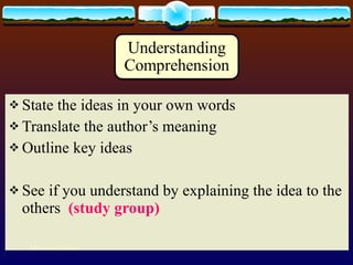 State the ideas in your own words Translate the author’s meaning Outline key ideas See if you understand by explaining the idea to the others  (study group) Mohamed Emam 