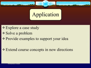 Explore a case study Solve a problem  Provide examples to support your idea Extend course concepts in new directions Mohamed Emam 