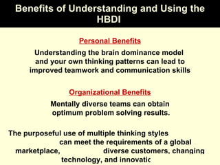 Benefits of Understanding and Using the HBDI  Personal Benefits Understanding the brain dominance model  and your own thinking patterns can lead to improved teamwork and communication skills Organizational Benefits Mentally diverse teams can obtain optimum problem solving results. The purposeful use of multiple thinking styles  can meet the requirements of a global marketplace,  diverse customers, changing technology, and innovation. 