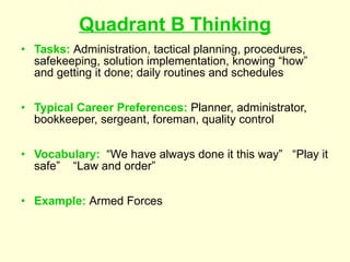 Quadrant B Thinking Tasks:   Administration, tactical planning, procedures, safekeeping, solution implementation, knowing “how” and getting it done; daily routines and schedules Typical Career Preferences:   Planner, administrator, bookkeeper, sergeant, foreman, quality control Vocabulary:   “We have always done it this way”  “Play it safe”  “Law and order” Example:   Armed Forces 