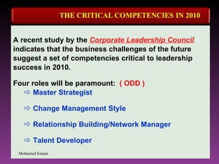 A recent study by the  Corporate Leadership Council   indicates that the business challenges of the future  suggest a set of competencies critical to leadership  success in 2010.  Four roles will be paramount:  ( ODD ) Master Strategist  Change Management Style Relationship Building/Network Manager Talent Developer Mohamed Emam 