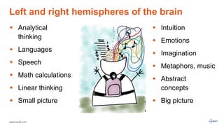 www.luxoft.com
Left and right hemispheres of the brain
 Analytical
thinking
 Languages
 Speech
 Math calculations
 Linear thinking
 Small picture
 Intuition
 Emotions
 Imagination
 Metaphors, music
 Abstract
concepts
 Big picture
 