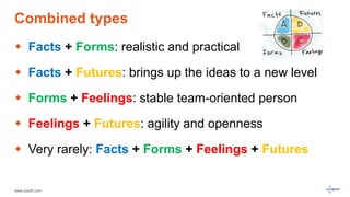 www.luxoft.com
Combined types
 Facts + Forms: realistic and practical
 Facts + Futures: brings up the ideas to a new level
 Forms + Feelings: stable team-oriented person
 Feelings + Futures: agility and openness
 Very rarely: Facts + Forms + Feelings + Futures
 