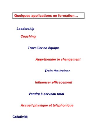 Quelques applications en formation…


  Leadership

     Coaching


         Travailler en équipe


                 Appréhender le changement


                      Train the trainer


                 Influencer efficacement


             Vendre à cerveau total


     Accueil physique et téléphonique


Créativité
 