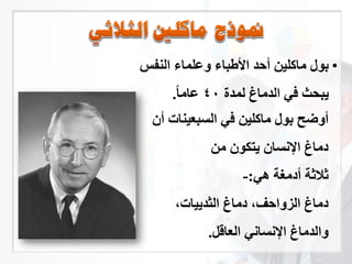 •‫س‬ ‫الن‬ ‫لماء‬ ‫و‬ ‫طباء‬ ‫ا‬ ‫أحد‬ ‫ماكلي‬ ‫ي‬ ‫ب‬
‫لمدة‬ ‫الدما‬ ‫في‬ ‫بحث‬40‫اما‬.
‫السبعينات‬ ‫في‬ ‫ماكلي‬ ‫ي‬ ‫ب‬ ‫أوضح‬‫أن‬
‫م‬ ‫ن‬ ‫تك‬ ‫اإللسان‬ ‫دما‬
‫هي‬ ‫أدمغة‬ ‫ثالثة‬:-
،‫يات‬ ‫الثد‬ ‫دما‬ ،‫الزواحر‬ ‫دما‬
‫العاقن‬ ‫اإللسالي‬ ‫والدما‬.
 