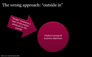 The wrong approach: “outside in”“Design” treated as a layer of decoration plastered on the outsideProduct concept & business objectivesRead more: http://bit.ly/dansaffer