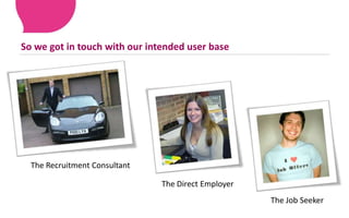So we got in touch with our intended user baseThe Recruitment ConsultantThe Direct EmployerThe Job Seeker