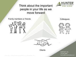 Colleagues 
CONTACT US: 
770.645.9845 
Hunter@hunterbizdev.com 
Think about the important 
people in your life as we 
move forward 
Clients 
Family members or friends 
©2011-2012 :: HUNTER BUSINESS DEVELOPMENT, LP | HUNTERBIZDEV.COM 8 
 