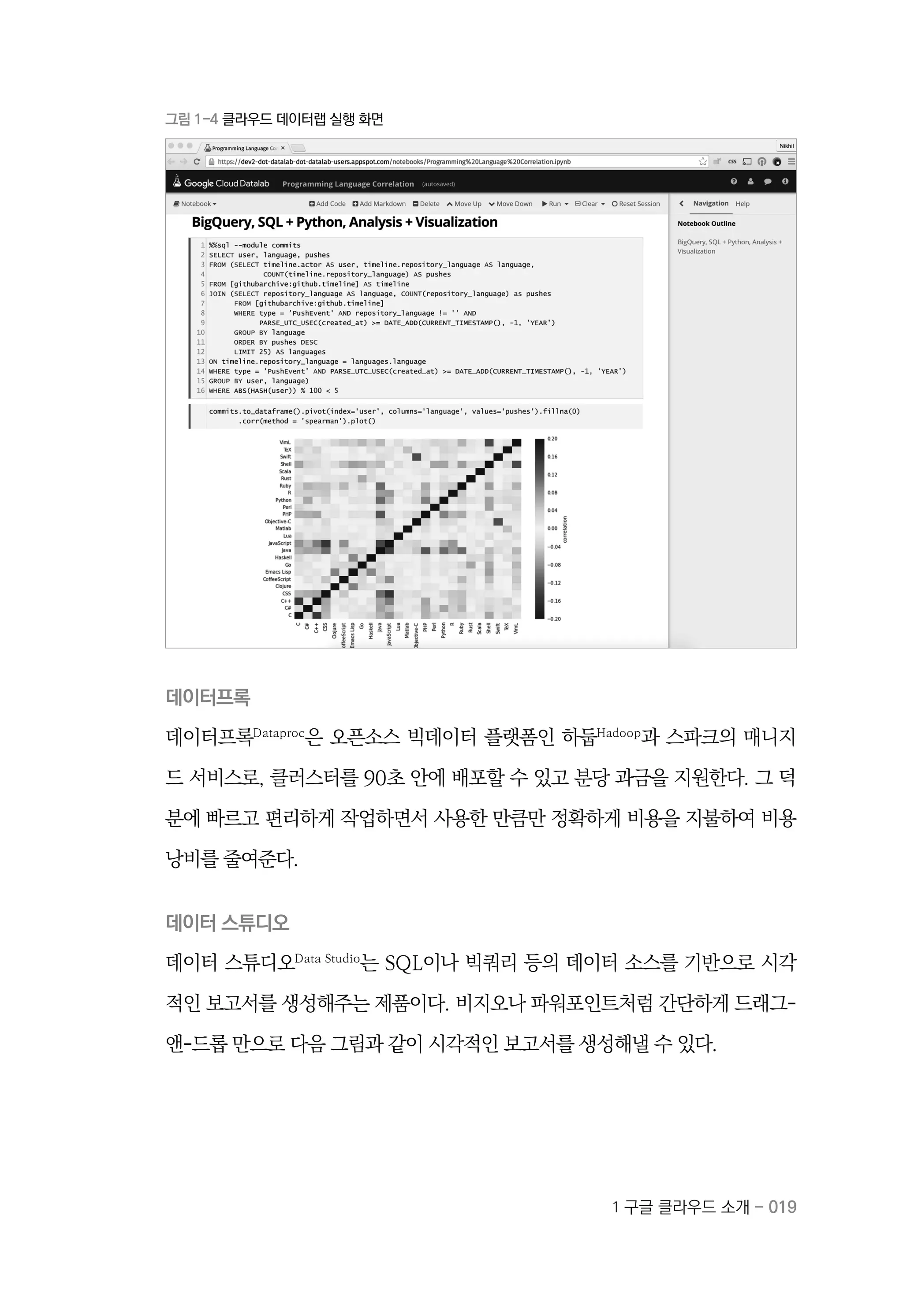 1 구글 클라우드 소개 - 019
그림 1-4 클라우드 데이터랩 실행 화면
데이터프록
데이터프록Dataproc
은 오픈소스 빅데이터 플랫폼인 하둡Hadoop
과 스파크의 매니지
드 서비스로, 클러스터를 90초 안에 배포할 수 있고 분당 과금을 지원한다. 그 덕
분에 빠르고 편리하게 작업하면서 사용한 만큼만 정확하게 비용을 지불하여 비용
낭비를 줄여준다.
데이터 스튜디오
데이터 스튜디오Data Studio
는 SQL이나 빅쿼리 등의 데이터 소스를 기반으로 시각
적인 보고서를 생성해주는 제품이다. 비지오나 파워포인트처럼 간단하게 드래그-
앤-드롭 만으로 다음 그림과 같이 시각적인 보고서를 생성해낼 수 있다.
 