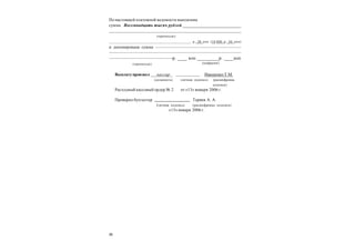 26
По настоящей платежной ведомости выплачена
сумма Восемнадцать тысяч рублей ________________________
___________________________________________________________________
(прописью)
___________________________________________ р. 50 коп (18 000 р. 50 коп)
и депонирована сумма ——————————————————
———————————————————————————
—————————————-р. ____ коп _________р. ____коп
(прописью)
Выплатупроизвел кассир Иващенко Т.М.
(должность) (личная подпись) (расшифровка
подписи)
Расходный кассовый ордер № 2 от «13» января 2006 г.
Проверил бухгалтер Теряев А. А.
(личная подпись) (расшифровка подписи)
«13» января 2006 г.
(цифрами)
 