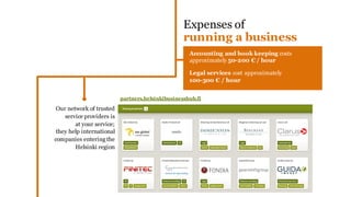 SETTING UP a business
Foreign companies are welcome in Finland and the
process of establishing a business is quick and easy.
The incorporation process involves very few
procedures and only takes 2 to 3 weeks.
Foreign companies most commonly conduct
business through a private or public limited liability
company or a Finnish branch office.
2500 €
Minimum capital*
a private limited
company shall have
*The share capital must be paid to the company’s account in full before the company can be entered in the Trade Register.
380 €
Trade Register’s
fee
200 €
Auditor’s fee
to certify the deposit
share capital
1250 €
The cost of outsourcing
the incorporation work
to a law firm
 