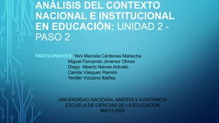 ANÁLISIS DEL CONTEXTO
NACIONAL E INSTITUCIONAL
EN EDUCACIÓN: UNIDAD 2 -
PASO 2
PARTICIPANTES: Yeni Marcela Cárdenas Mahecha
Miguel Fernando Jiménez Olmos
Diego Alberto Nieves Arévalo
Camila Vásquez Ramón
Yenifer Vizcaíno Ibáñez
UNIVERSIDAD NACIONAL ABIERTA Y A DISTANCIA
ESCUELA DE CIENCIAS DE LA EDUCACIÓN
MAYO-2020
 