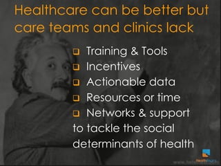 Healthcare can be better but
care teams and clinics lack
        q  Training & Tools
        q  Incentives
        q  A...